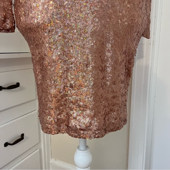 Rose Gold Sequin Cocktail dress plunging v neck sleeves - Picture 9 of 14